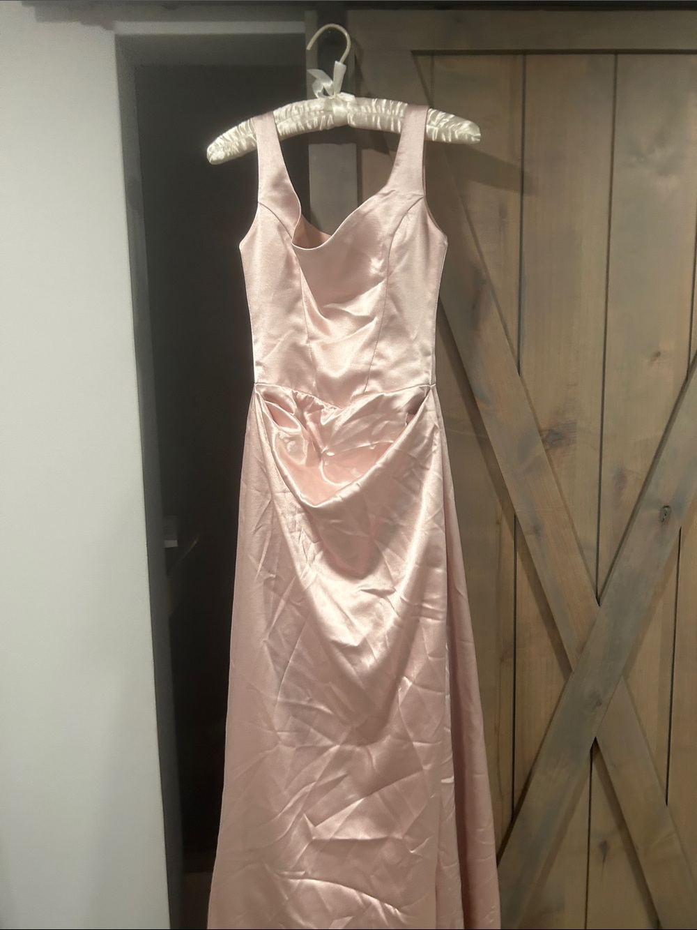 Elegant Light Pink Satin Maxi Dress with Draped Bodice